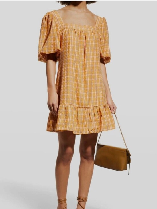 Marie Oliver Dresses & Skirts - Nwt. Marie Oliver Women's Square Neck Puff Sleeve Dress in Mustard Plaid